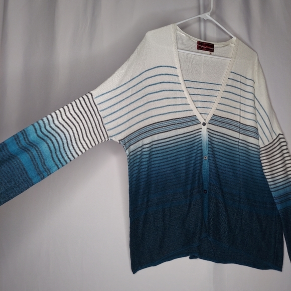 Left On Houston Cardigan Oversized Small Vneck Button Dolman Teal Stripe Knit - Picture 3 of 11